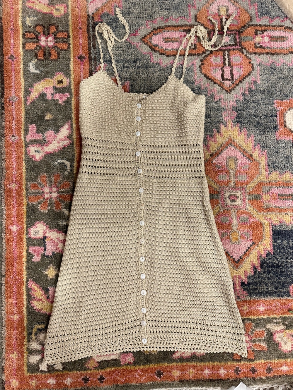 Beige Crochet Button-Front Slip Dress - Small